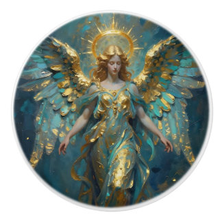 Pomo De Cerámica Beautiful Turquoise and Gold Angel Art