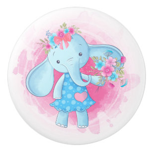 Pomo De Cerámica Bebé dulce niña elefante flores rosadas Personaliz