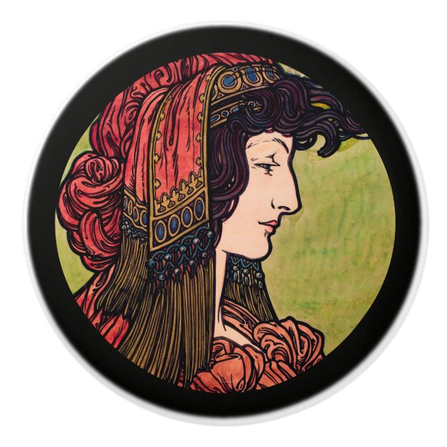 Pomo De Cerámica Belleza de vidrio manchado de Mucha (Anverso)