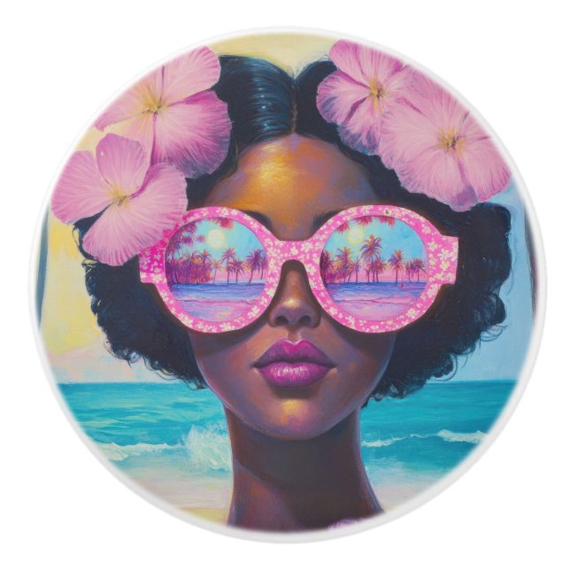 Pomo De Cerámica Belleza tropical en tonos rosados (Anverso)