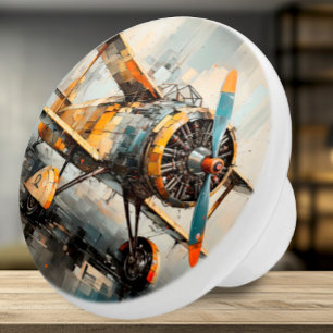 Pomo De Cerámica Biplano Cubista: Arte de aviación vintage