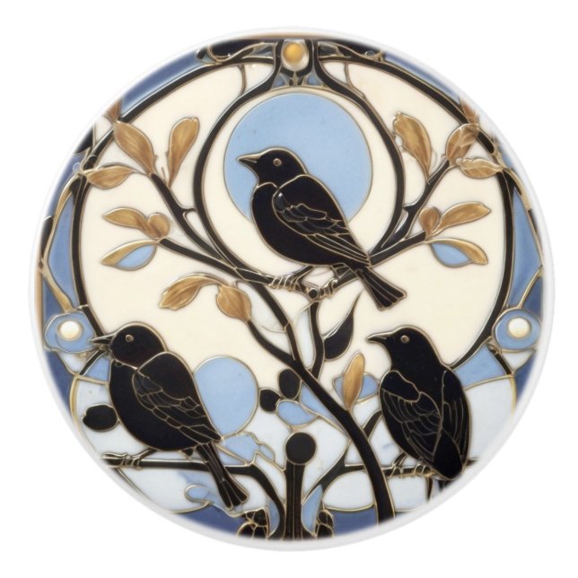 Pomo De Cerámica Black Crows Art Nouveau Birds Art Deco Bird (Anverso)