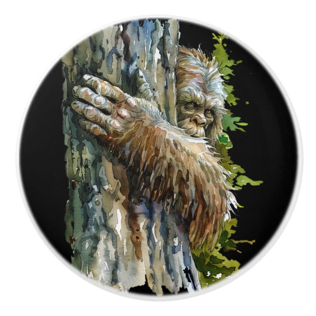 Pomo De Cerámica Black Watercolor Bigfoot Hiding Forest   (Anverso)