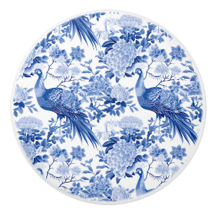 Pomo De Cerámica Blanco Azul Chinoiserie Floral Pavos Reales