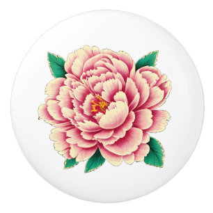 Pomo De Cerámica Blanco de la flor rosada de peonía vintage
