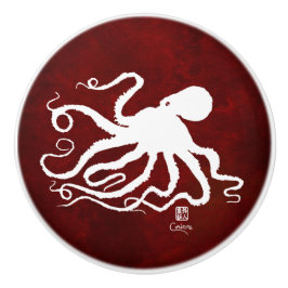 Pomo De Cerámica Blanco del pulpo 6 en R rojo - botón