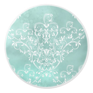 Pomo De Cerámica Blanco elegante en el damasco verde azulado