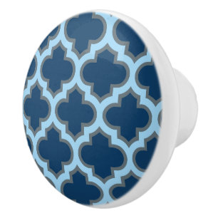 Pomo De Cerámica Blue and Baby Blue Trellis, Lattice, Quatrefoil