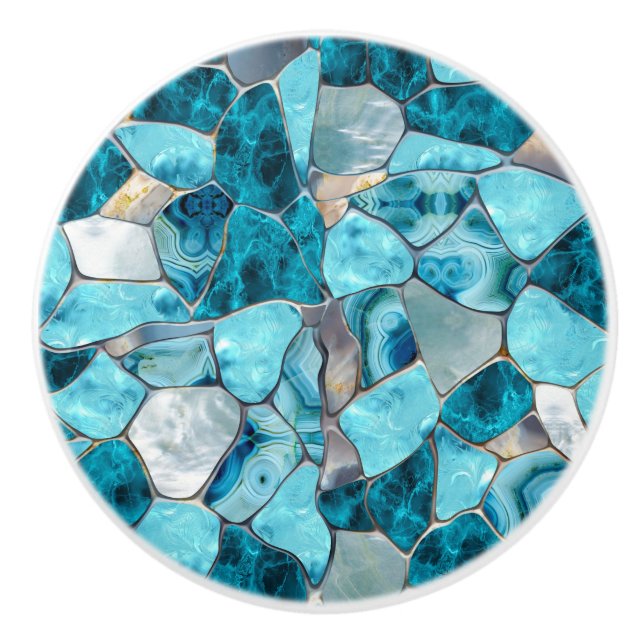 Pomo De Cerámica Blue aqua gemstone abstract cells (Anverso)