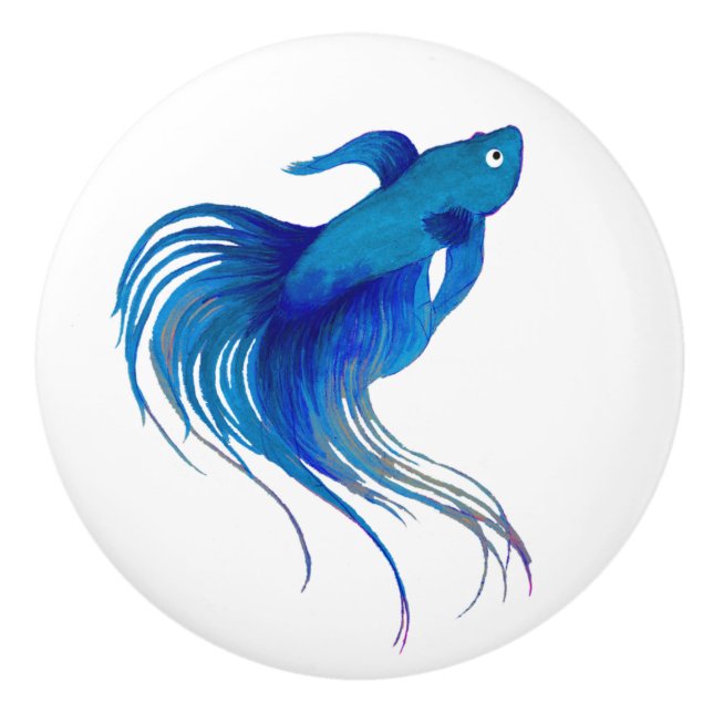 Pomo De Cerámica Blue Betta Fish Watercolor (Anverso)