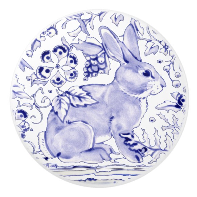 Pomo De Cerámica Blue Bunny Rabbit Floral Delft Dedham Ceramic Pull (Anverso)