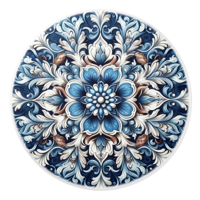 Pomo De Cerámica Blue Damask Fleur Mandala (Anverso)