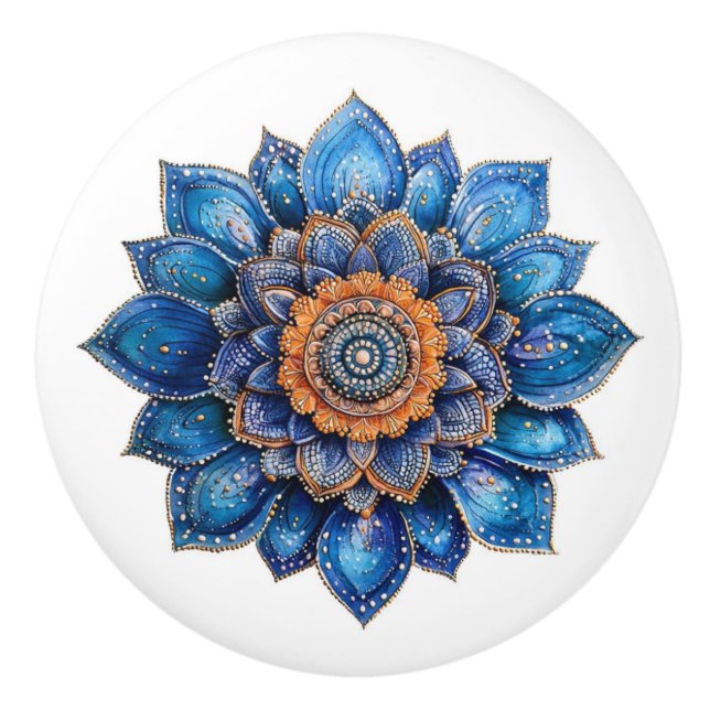 Pomo De Cerámica Blue Doodle 3D Mandala (Anverso)