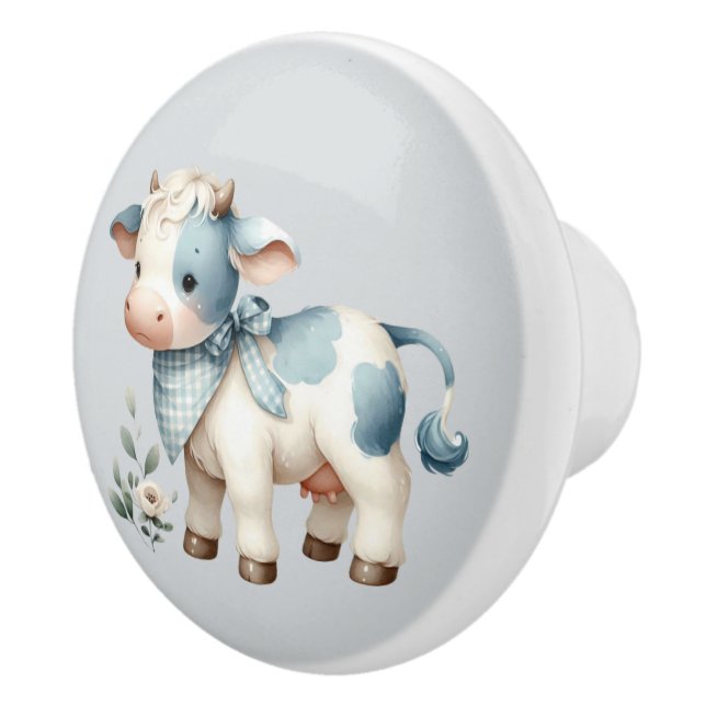 Pomo De Cerámica Blue Gingham Baby Cow Pastel Farm Aesthetic (Derecha)