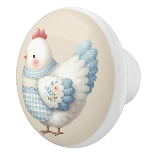 Pomo De Cerámica Blue Gingham Cottage Hen (Derecha)
