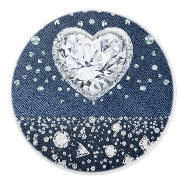 Pomo De Cerámica Blue Jean Denim & Diamonds Bling Diamond Heart (Anverso)
