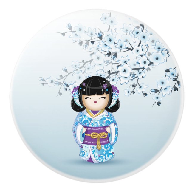 Pomo De Cerámica Blue Kokeshi Doll Cerezo Blossom Cerámica Knob (Anverso)