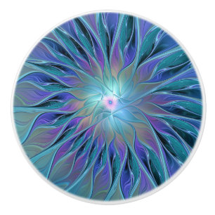Pomo De Cerámica Blue Purple Flower Dream Resumen arte fractal