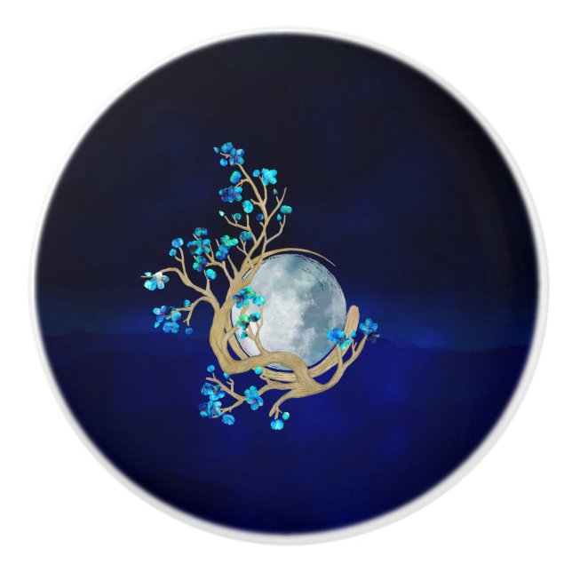 Pomo De Cerámica Blue Sakura Blossom Zen Moon (Anverso)