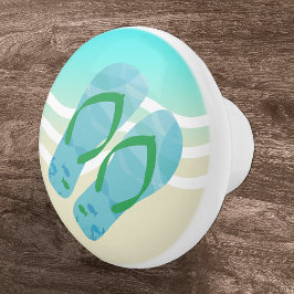 Pomo De Cerámica Blue Summer Beach Waves Flip Flops Door Knob