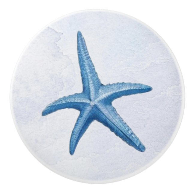 Pomo De Cerámica Blue Watercolor Coastal Beach Starfish Seasheles (Anverso)