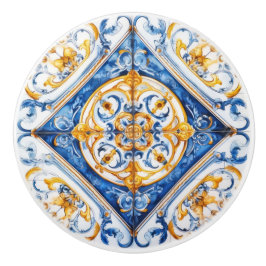 Pomo De Cerámica Blue White Gold Look Talavera Azulejo Tile