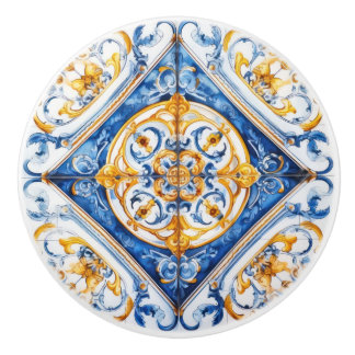 Pomo De Cerámica Blue White Gold Look Talavera Azulejo Tile