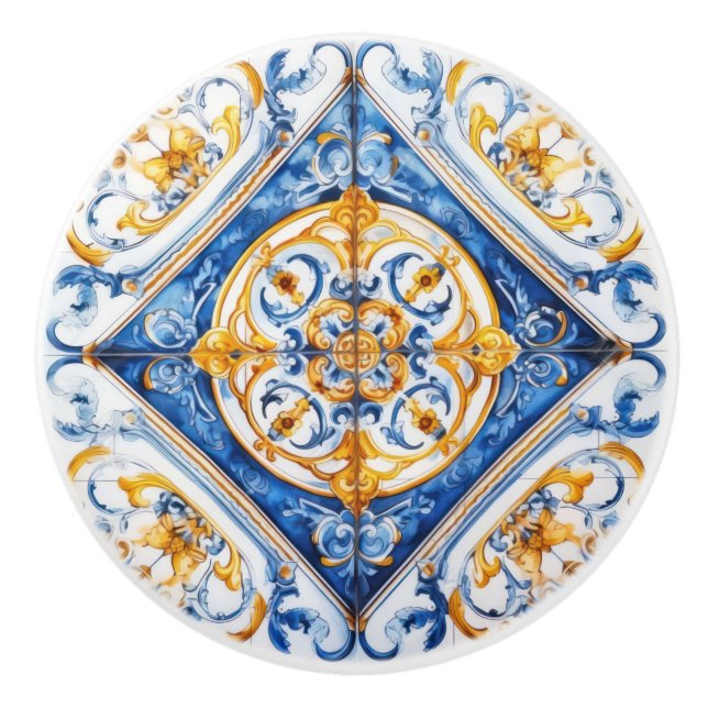 Pomo De Cerámica Blue White Gold Look Talavera Azulejo Tile (Anverso)