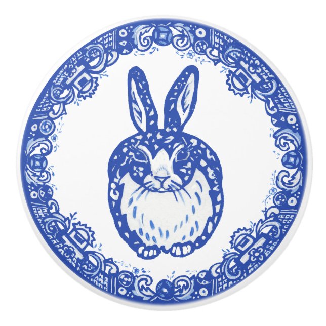 Pomo De Cerámica Blue Willow Design Bunny Rabbit Cute Whimsical (Anverso)