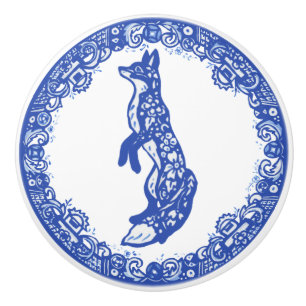 Pomo De Cerámica Blue Willow Design Fox de pie frente a la izquierd