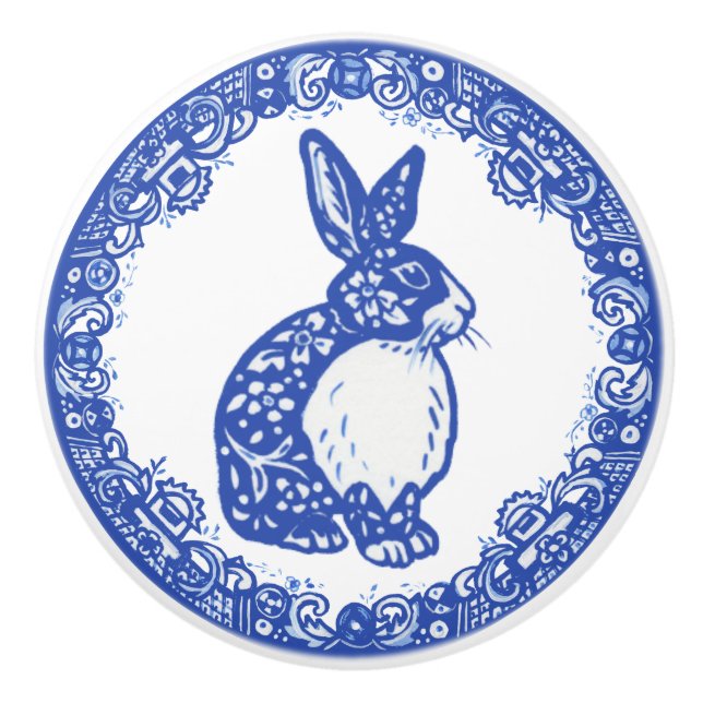 Pomo De Cerámica Blue Willow Pattern Rabbit Bunny Cuse Faces Right (Anverso)