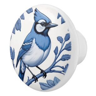 Pomo De Cerámica BlueJay Bird Delft Blue & White Asian Floral Jay
