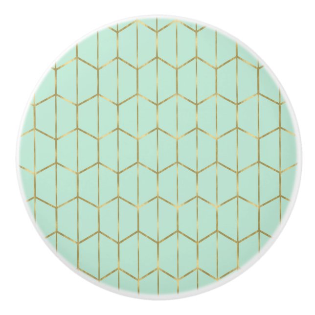 Pomo De Cerámica Boho Mint Green Hexagon Gold & Geometric Glam (Anverso)