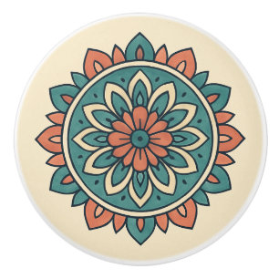 Pomo De Cerámica Boho Verde azulado y cálido Coral Moderno Mandala