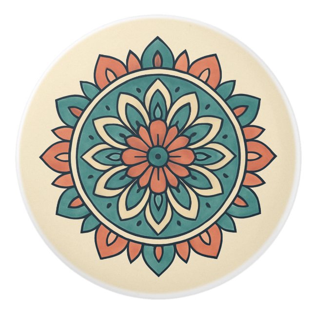 Pomo De Cerámica Boho Verde azulado y cálido Coral Moderno Mandala  (Anverso)