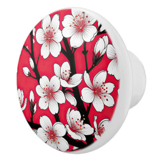 Pomo De Cerámica Bold Cherry Blossom Illustration on Red