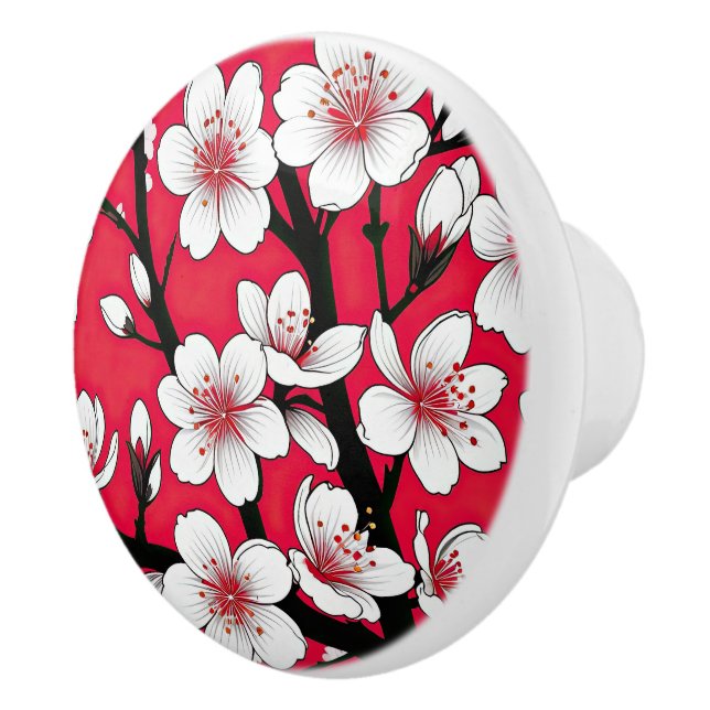 Pomo De Cerámica Bold Cherry Blossom Illustration on Red (Derecha)