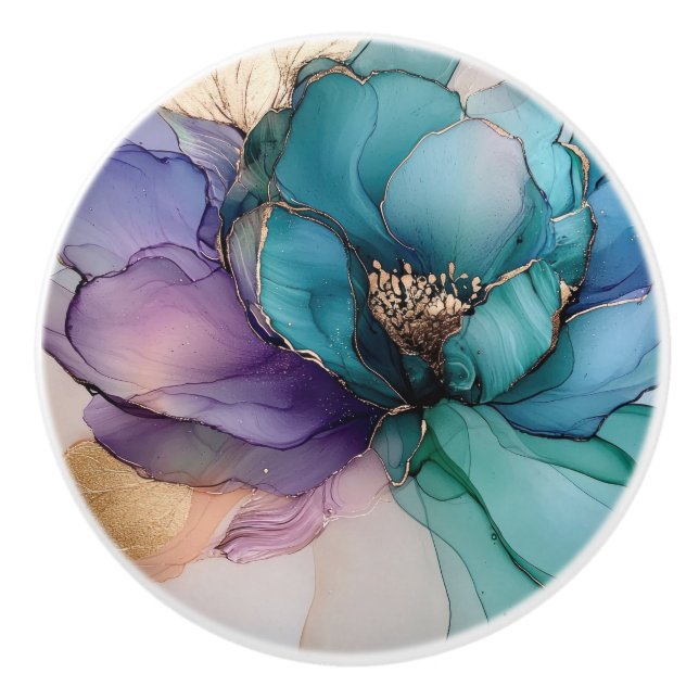 Pomo De Cerámica Bonito Aqua Blue Purple Gold Floral (Anverso)