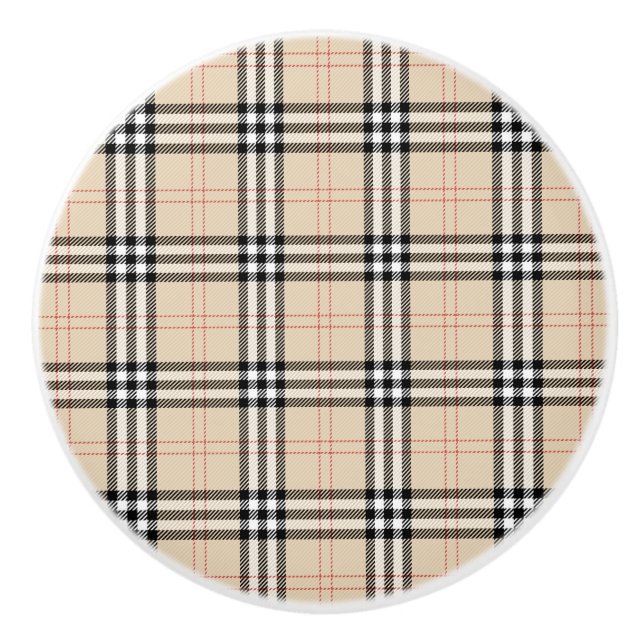 Pomo De Cerámica Bonito Beige Plaid Tartán (Anverso)