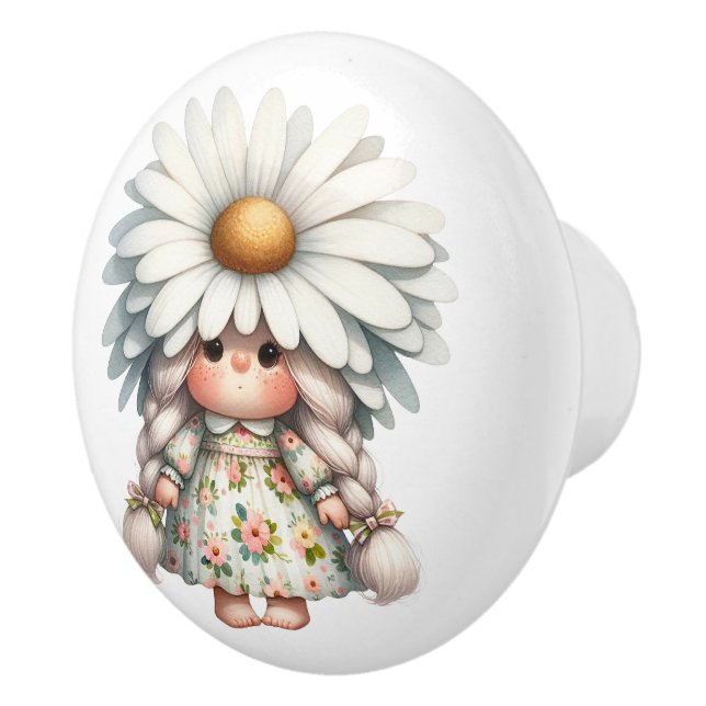 Pomo De Cerámica Bonito Chica de margarita blanca Gnome (Derecha)