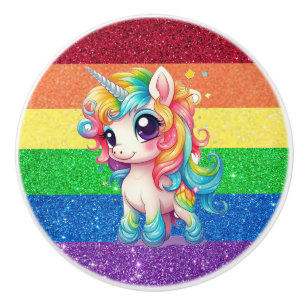 Pomo De Cerámica Bonito Girona unicornio de Rainbow Faux Purpurina