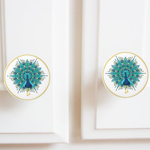 Pomo De Cerámica Bonito pavo real con oro Verde azulado azul