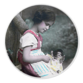 Pomo De Cerámica Bonne Année Vintage Chica con muñeca