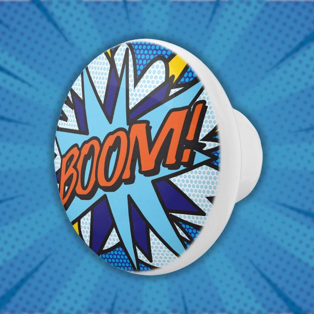 Pomo De Cerámica BOOM Diversión Retro Cómic Arte Pop (BOOM Fun Retro Comic Book Pop Art Ceramic Knob)