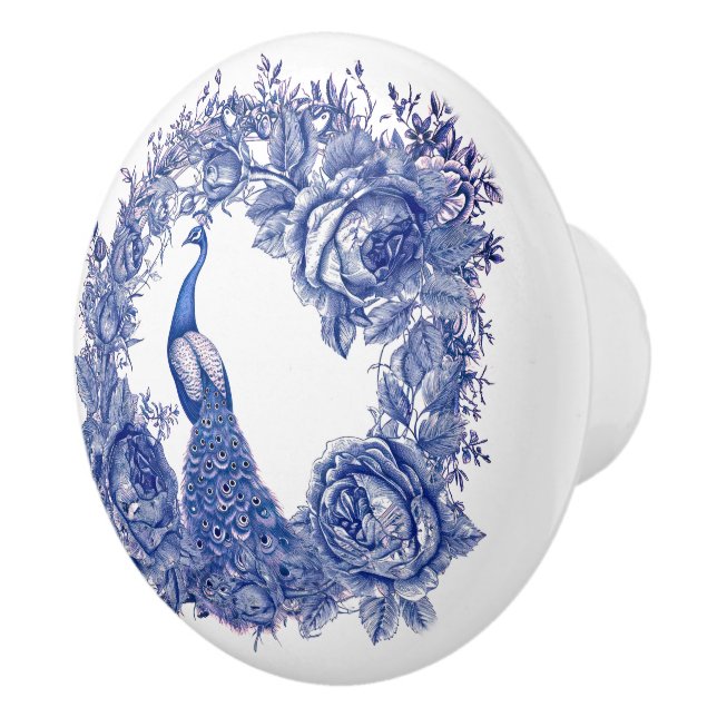 Pomo De Cerámica Borde floral Rosa de pavo real azul (Derecha)