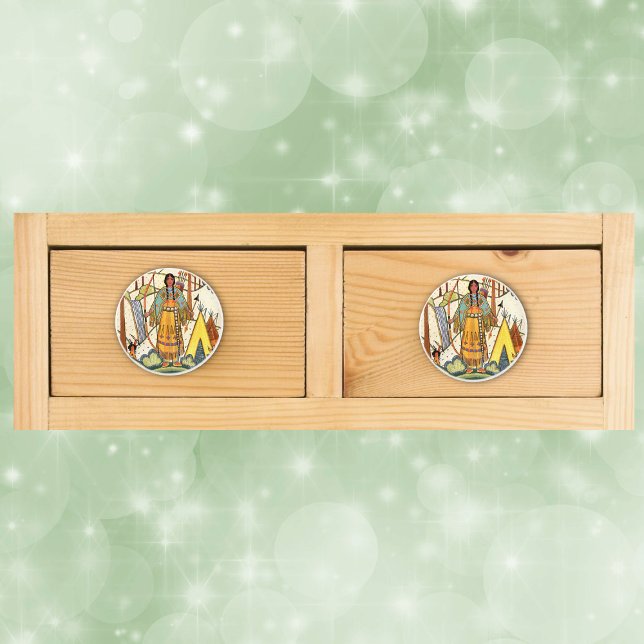 Pomo De Cerámica Bosque de aldea de nativas nativas nativas nativas (Native American woman in forest teepee bow arrow on embroidered look drawer knobs.)