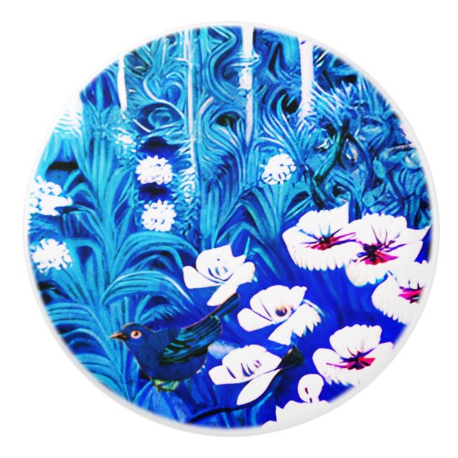 Pomo De Cerámica Bosque de fantasía con flores y aves (Anverso)