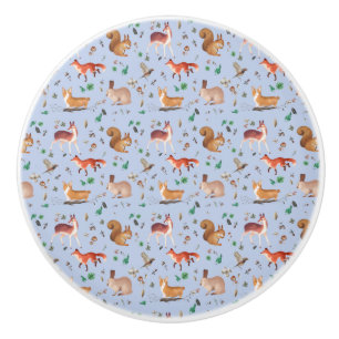 Pomo De Cerámica bosque en patrón acuarela - bambi, fox, coney,