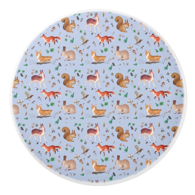 Pomo De Cerámica bosque en patrón acuarela - bambi, fox, coney, (Anverso)