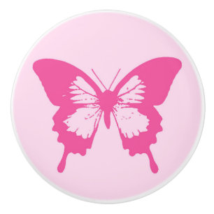 Pomo De Cerámica Bosquejo de la mariposa, rosa claro y fucsia